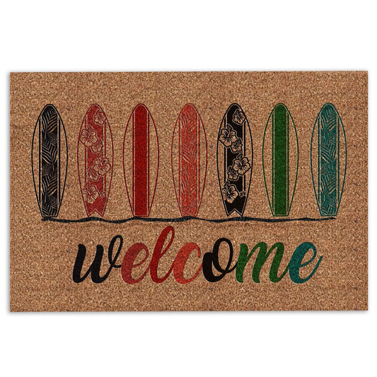 Welcome Doormat, Surfing Colorful Floral Surfboard Welcome Beach Hello Summer Welcome Doormat, Indoor Outdoor Doormat Home Decor