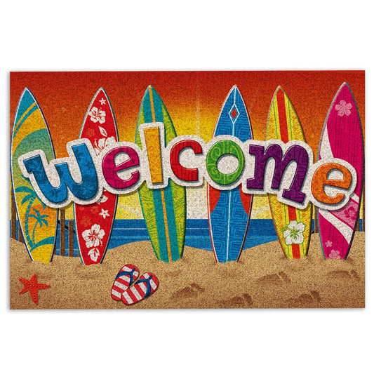 Welcome Doormat, Surfing Colorful Surfboard Welcome Beach Life Hello Summer Welcome Doormat, Indoor Outdoor Doormat Home Decor