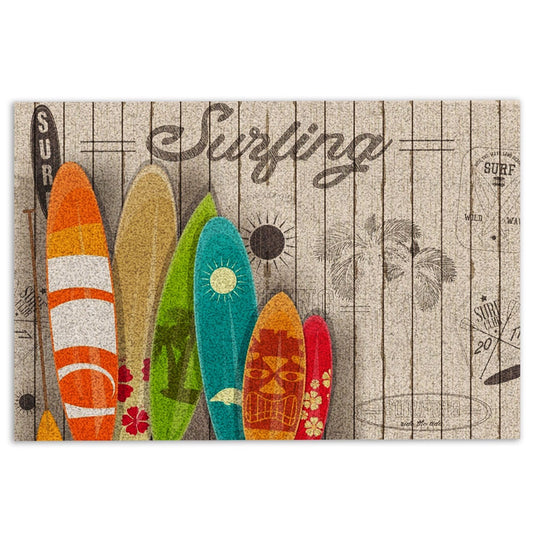 Welcome Doormat, Surfing Surfboard Beach Life Hello Summer Beige Wood Pattern Welcome Doormat, Indoor Outdoor Doormat Home Decor