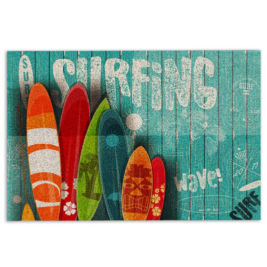 Welcome Doormat, Surfing Surfboard Beach Life Hello Summer Blue Wood Pattern Welcome Doormat, Indoor Outdoor Doormat Home Decor