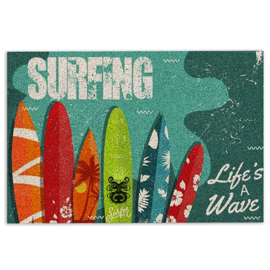 Welcome Doormat, Surfing Surfboard Life Is A Wave Beach Life Hello Summer Blue Welcome Doormat, Indoor Outdoor Doormat Home Decor
