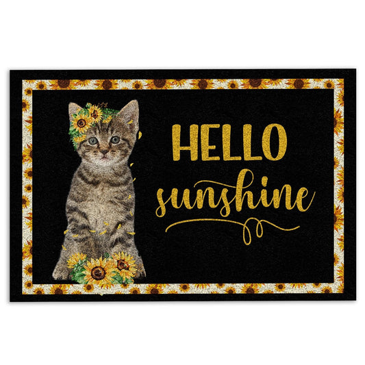 Welcome Doormat, Tabby Cat Hello Sunflower For Cat Kitten Lover Black Welcome Doormat, Indoor Outdoor Doormat Home Decor