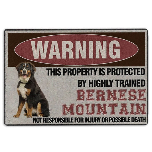 Welcome Doormat, This Property is Protected by a Highly Trained Bernese Mountain Welcome Doormat, Indoor Outdoor Doormat Home Decor