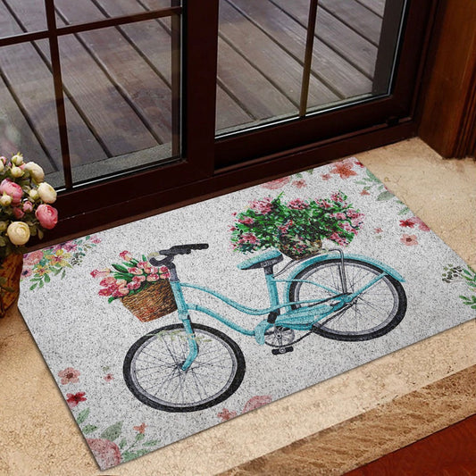 Welcome Doormat, Turquoise Bike Bicycle with Flowers Welcome Floral Grey Welcome Doormat, Indoor Outdoor Doormat Home Decor