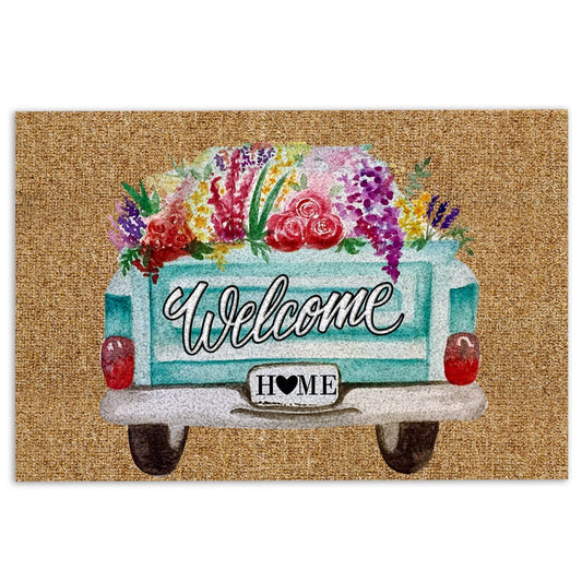 Welcome Doormat, Turquoise Truck Flower Welcome Home Gift For Housewarming Brown Welcome Doormat, Indoor Outdoor Doormat Home Decor