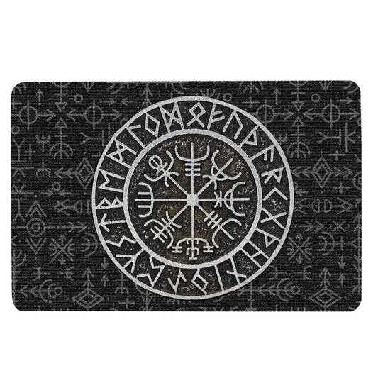 Welcome Doormat, Viking Celtic Compass Vegvisir Circle Norse Runes Black Welcome Doormat, Indoor Outdoor Doormat Home Decor