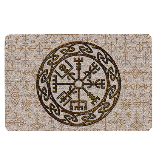 Welcome Doormat, Viking Celtic Golden Compass Vegvisir Circle Norse Runes Beige Welcome Doormat, Indoor Outdoor Doormat Home Decor