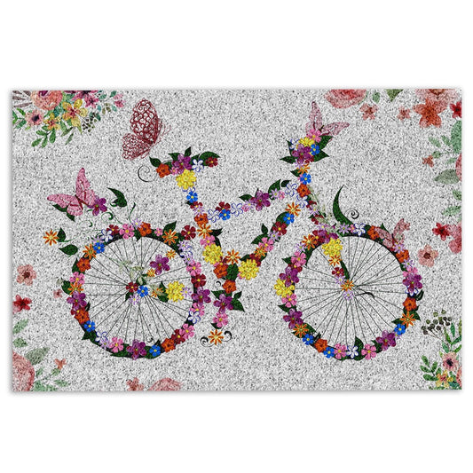 Welcome Doormat, Welcome Bike Bicycle with Spring Flowers Floral Grey Welcome Doormat, Indoor Outdoor Doormat Home Decor