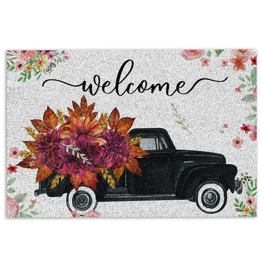 Welcome Doormat, Welcome Black Truck with Flowers Floral Farm House Grey Welcome Doormat, Indoor Outdoor Doormat Home Decor