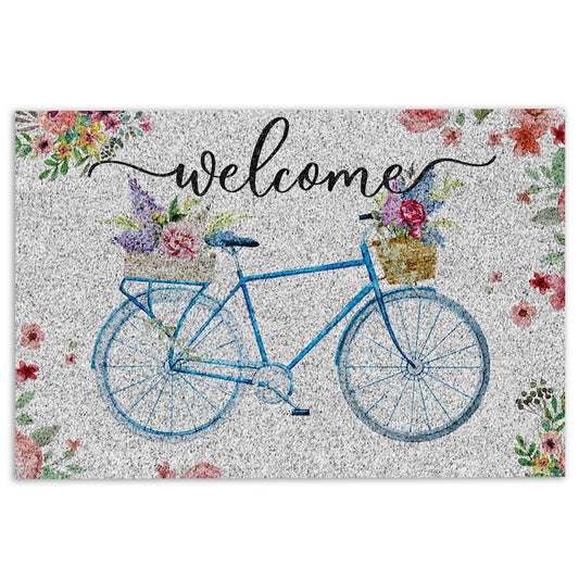 Welcome Doormat, Welcome Blue Bike Bicycle with Flowers Floral Grey Welcome Doormat, Indoor Outdoor Doormat Home Decor