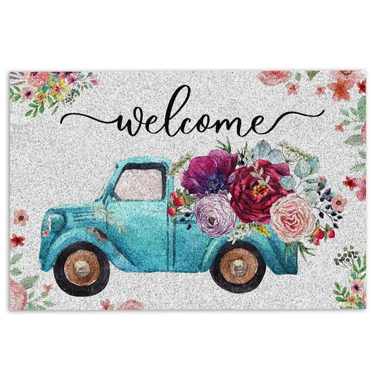 Welcome Doormat, Welcome Blue Truck with Flowers Floral Farm House Grey Welcome Doormat, Indoor Outdoor Doormat Home Decor