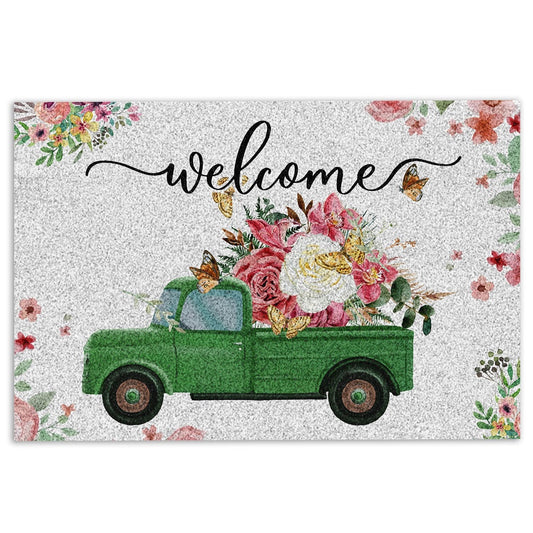 Welcome Doormat, Welcome Green Truck with Flowers Floral Farm House Grey Welcome Doormat, Indoor Outdoor Doormat Home Decor