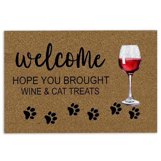 Welcome Doormat, Welcome Hope you brought wine and cat treats Gift For Cat Lover Welcome Doormat, Indoor Outdoor Doormat Home Decor