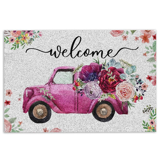 Welcome Doormat, Welcome Pink Truck with Flowers Floral Farm House Grey Welcome Doormat, Indoor Outdoor Doormat Home Decor