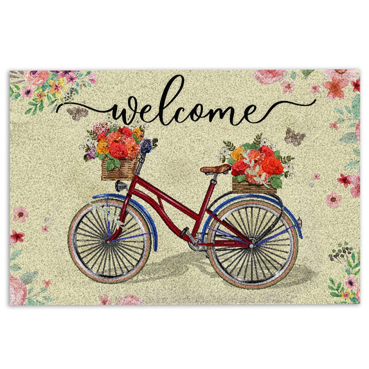Welcome Doormat, Welcome Red Bike Bicycle with Flowers Floral Grey Welcome Doormat, Indoor Outdoor Doormat Home Decor