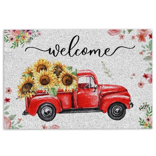 Welcome Doormat, Welcome Red Truck with Flowers Floral Farm House Grey Welcome Doormat, Indoor Outdoor Doormat Home Decor