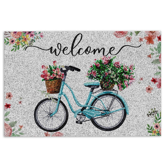 Welcome Doormat, Welcome Turquoise Bike Bicycle with Flowers Floral Grey Welcome Doormat, Indoor Outdoor Doormat Home Decor
