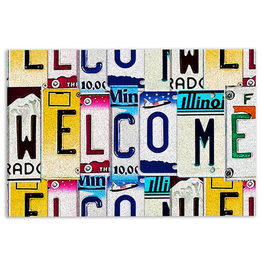Welcome Doormat, Welcome Vintage License Plate Letters Pattern Welcome Doormat, Indoor Outdoor Doormat Home Decor