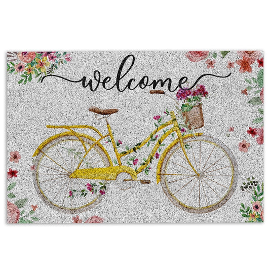 Welcome Doormat, Welcome Yellow Bike Bicycle with Flowers Floral Grey Welcome Doormat, Indoor Outdoor Doormat Home Decor