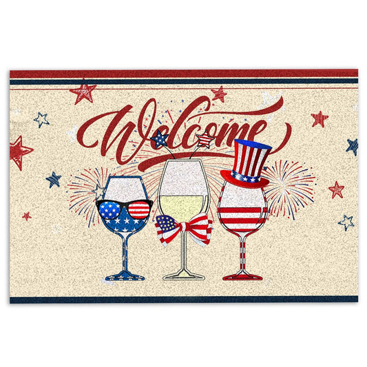 Welcome Doormat, Wine Patriotic American Firework 4Th of July Independence Day Welcome Doormat, Indoor Outdoor Doormat Home Decor