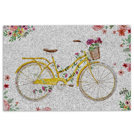Welcome Doormat, Yellow Bike Bicycle with Flowers Welcome Floral Grey Welcome Doormat, Indoor Outdoor Doormat Home Decor