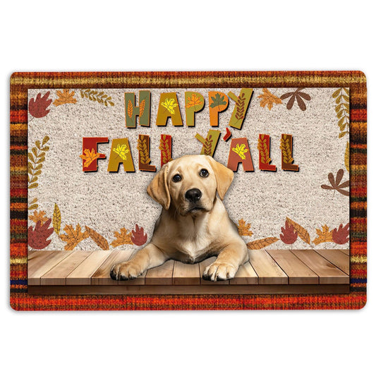 Welcome Doormat, Yellow Labrador Dog Happy Fall Y'all Pumpkin Spice Maple Leaf Welcome Doormat, Pets Home Decor Door Mat