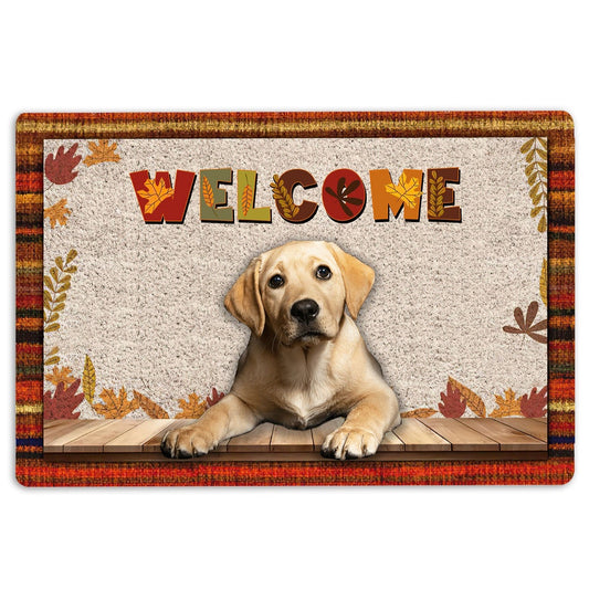Welcome Doormat, Yellow Labrador Dog Welcome Fall Autumn Pumpkin Spice Maple Leaf Welcome Doormat, Pets Home Decor Door Mat