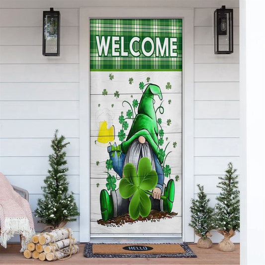 Welcome Gnome Holds Clover Door Cover, Patricks Day Home Door, Patrick Day Home Decor
