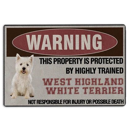 West Highland Welcome Doormat, This Property is Protected by a Highly Trained West Highland Dog Welcome Doormat, Indoor Outdoor Doormat Home Decor