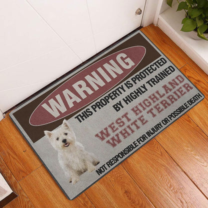 West Highland Welcome Doormat, This Property is Protected by a Highly Trained West Highland Dog Welcome Doormat, Indoor Outdoor Doormat Home Decor