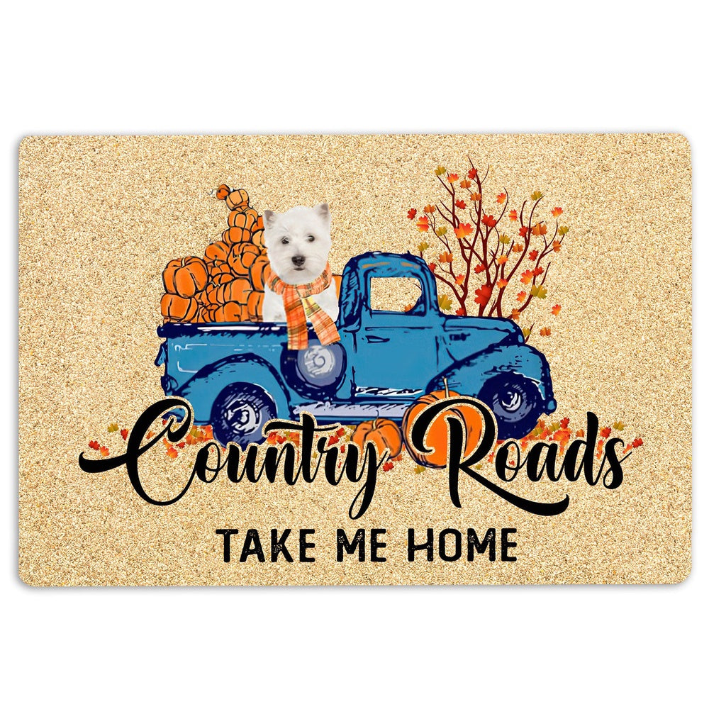 West Highland Welcome Doormat, West Highland Dog Country Road Take Me Home Fall Pumpkins Autumn Welcome Doormat, Indoor Outdoor Doormat Home Decor