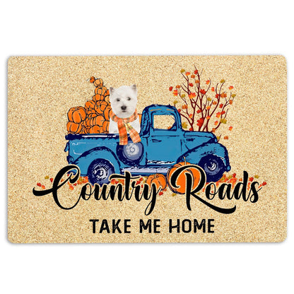 West Highland Welcome Doormat, West Highland Dog Country Road Take Me Home Fall Pumpkins Autumn Welcome Doormat, Indoor Outdoor Doormat Home Decor