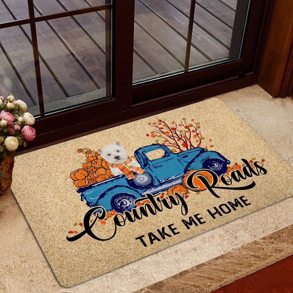 West Highland Welcome Doormat, West Highland Dog Country Road Take Me Home Fall Pumpkins Autumn Welcome Doormat, Indoor Outdoor Doormat Home Decor
