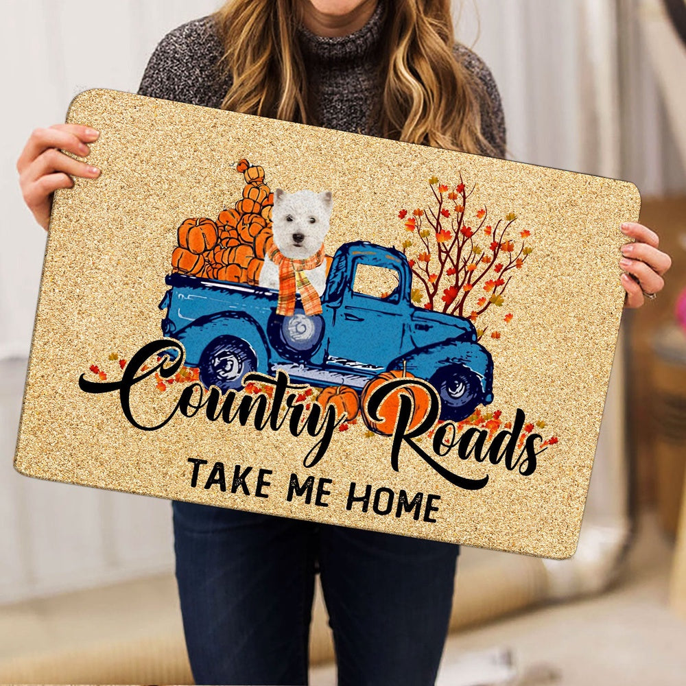 West Highland Welcome Doormat, West Highland Dog Country Road Take Me Home Fall Pumpkins Autumn Welcome Doormat, Indoor Outdoor Doormat Home Decor