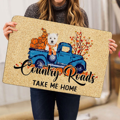 West Highland Welcome Doormat, West Highland Dog Country Road Take Me Home Fall Pumpkins Autumn Welcome Doormat, Indoor Outdoor Doormat Home Decor
