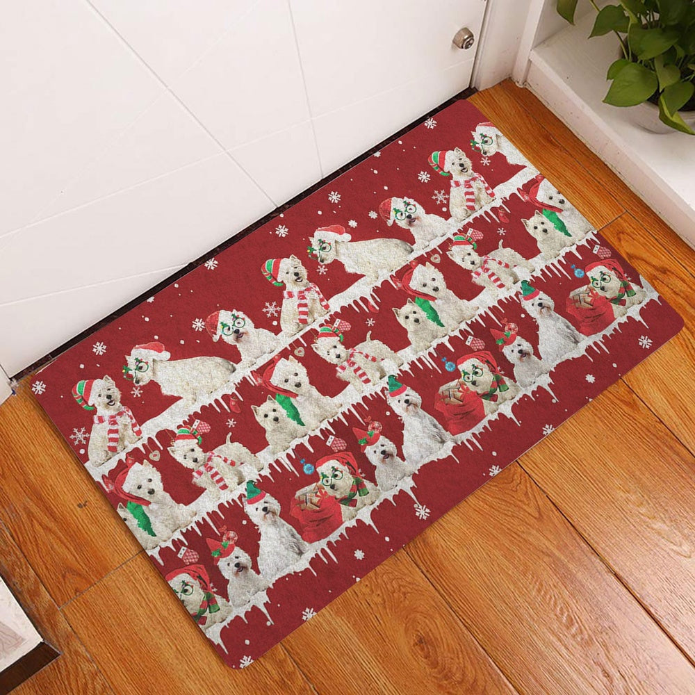 West Highland Welcome Doormat, West Highland White Terrier Merry Christmas Snowflake Xmas Tree Welcome Doormat, Indoor Outdoor Doormat Home Decor