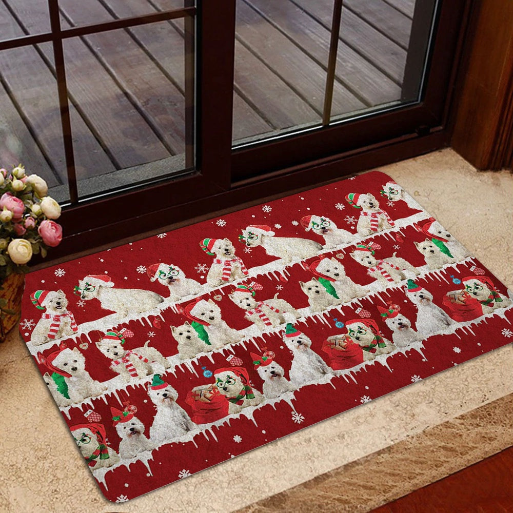 West Highland Welcome Doormat, West Highland White Terrier Merry Christmas Snowflake Xmas Tree Welcome Doormat, Indoor Outdoor Doormat Home Decor