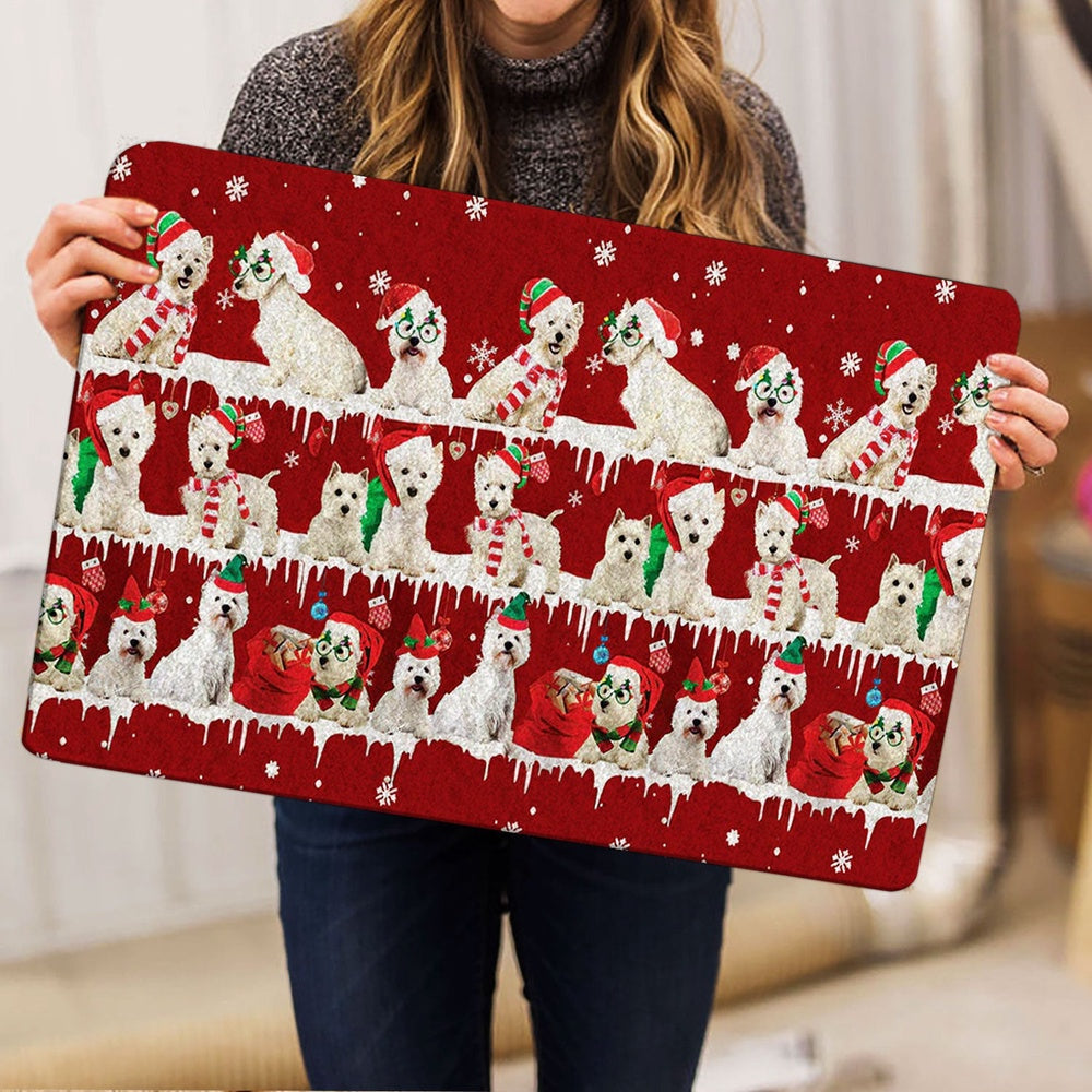 West Highland Welcome Doormat, West Highland White Terrier Merry Christmas Snowflake Xmas Tree Welcome Doormat, Indoor Outdoor Doormat Home Decor