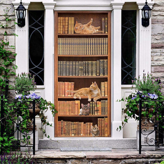 Whimsical Cat in Book Library Door Cover, Gift For Decoration, Christmas Gift Decor