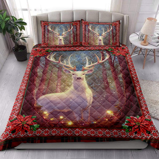 White Deer Withmas Light And Holy Poinsettiamass Bedding Set, Christmas Beddings, Xmas Bedding Sets