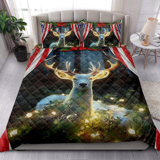 White Deermas Light Inest Us Flag Bedding Set, Christmas Beddings, Xmas Bedding Sets