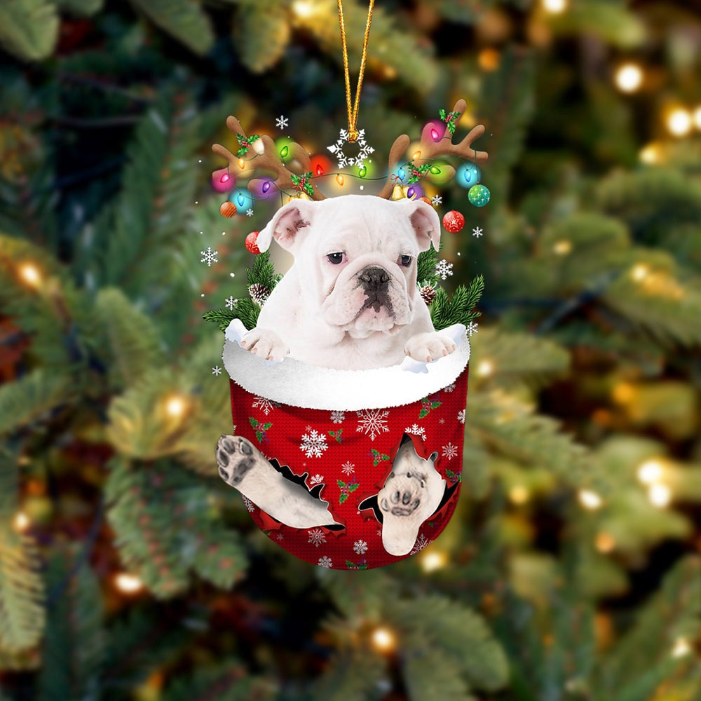 White English Bulldog In Snow Pocket Christmas Ornament, Ornament Gift Dog Lovers, Christmas Ornament