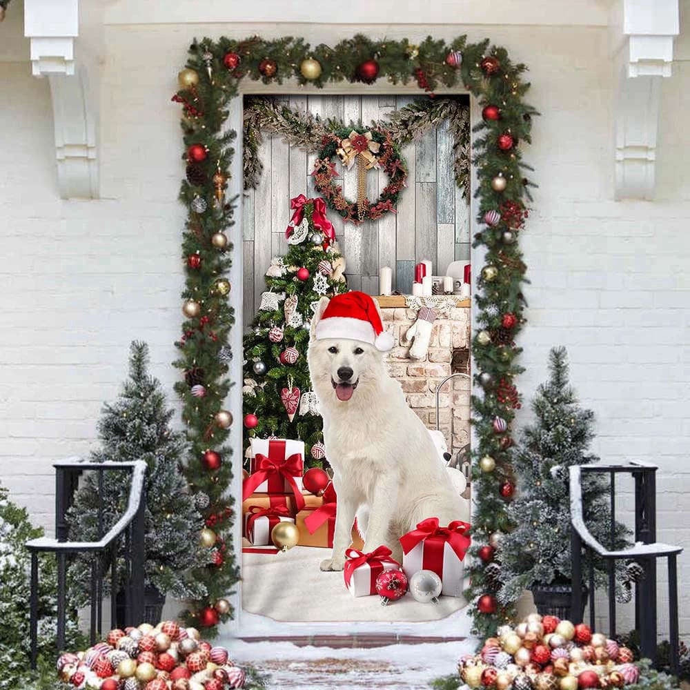 White German Shepherd Christmas Door Cover, Christmas Outdoor Decoration, Christmas Gift Decor