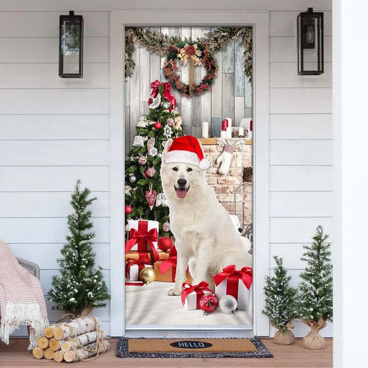 White German Shepherd Christmas Door Cover, Unique Gifts Doorcover, Christmas Gift Decor