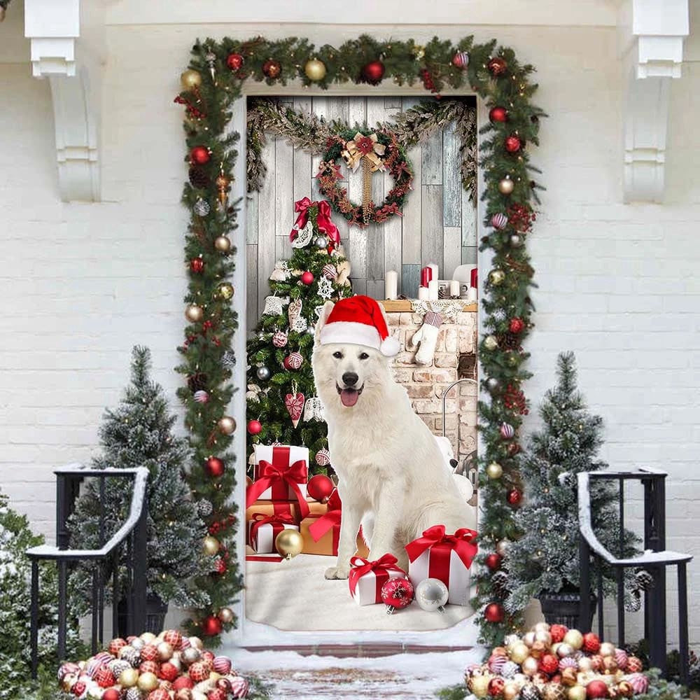White German Shepherd Christmas Door Cover, Unique Gifts Doorcover, Christmas Gift Decor