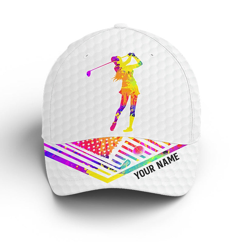 White Golf Hat For Women Custom Name Watercolor American Flag Baseball Golf Cap, Golf Baseball Cap