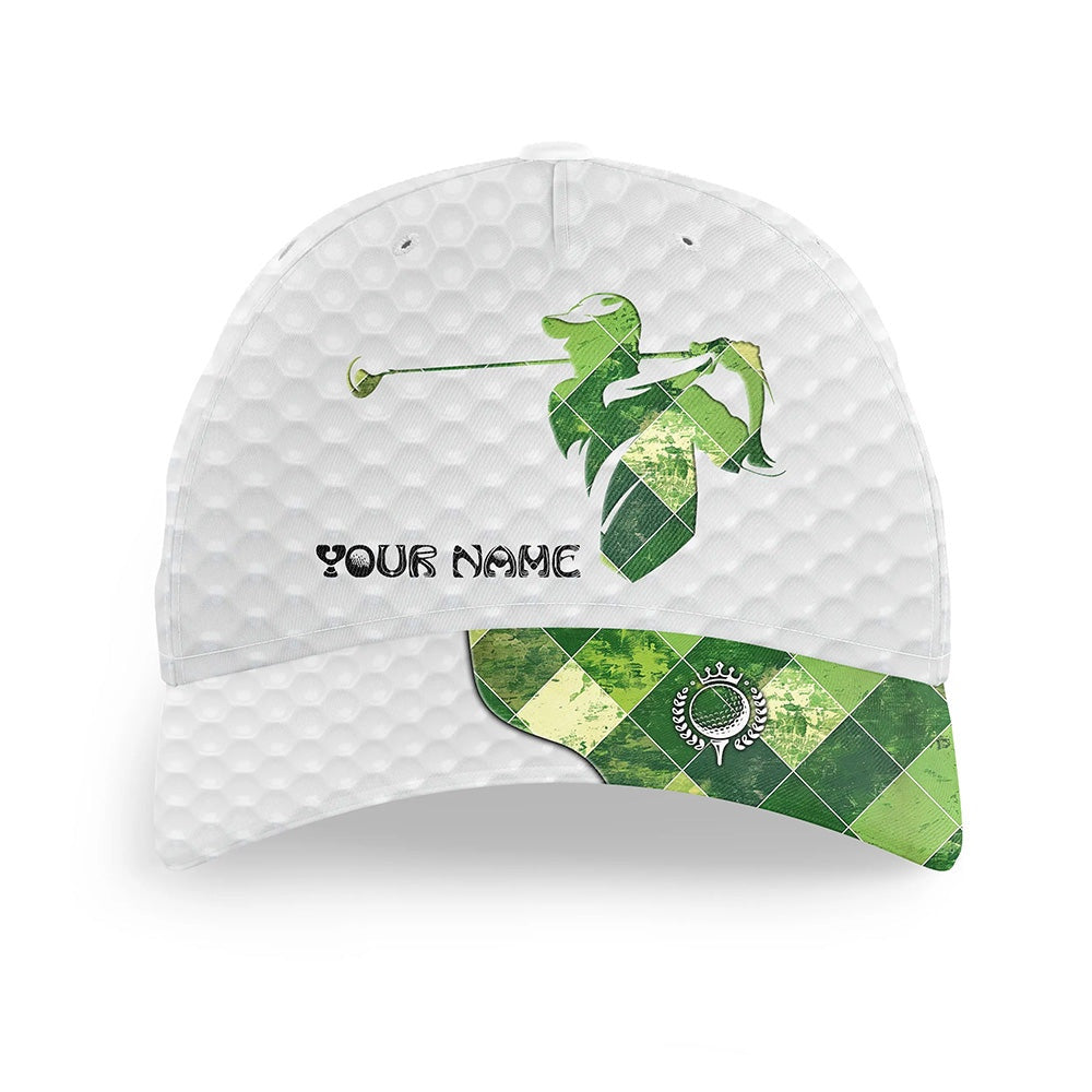 White Golfer Hat Custom Name Green Argyle Pattern Golf Hats For Mens, Gifts For Golfers, Golf Baseball Cap