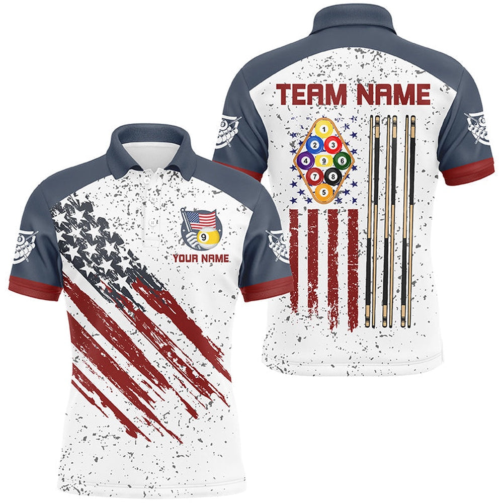 White Grunge American Flag 9 Ball Billiard Shirts Custom Patriotic 9 Ball Pool Polo, Billiard Team Polo Shirts