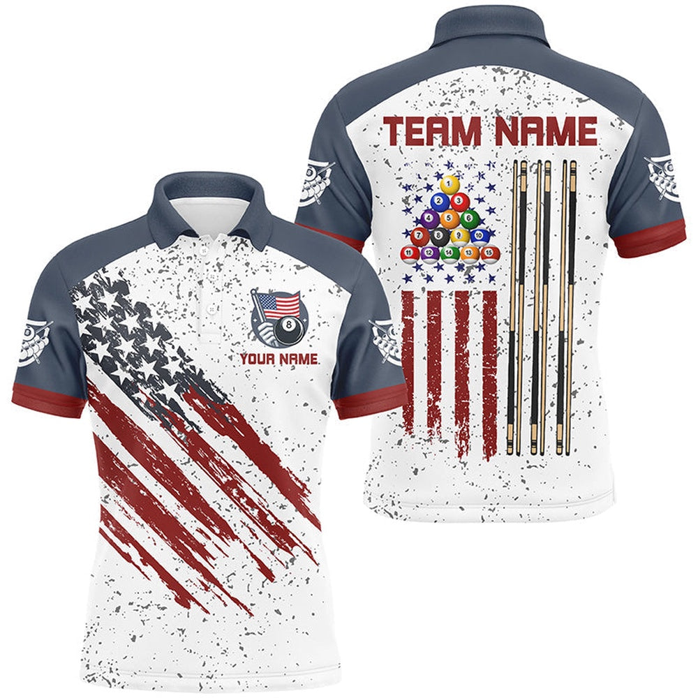 White Grunge American Flag Custom Billiard Shirts, Patriotic Team Player Pool Polo, Billiard Team Polo Shirts