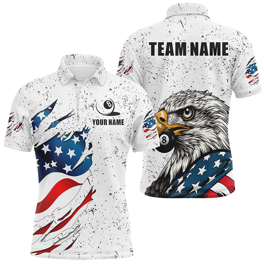 White Grunge Eagle American Flag Custom Billiard Shirts, Patriotic Billiard Team Shirts, Billiard Team Polo Shirts